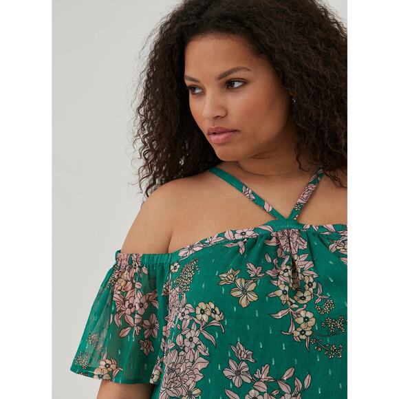 Torrid Green Floral Halter Top Womens Size 2X Crinkle Chiffon Cold Shoulder - Picture 4 of 12